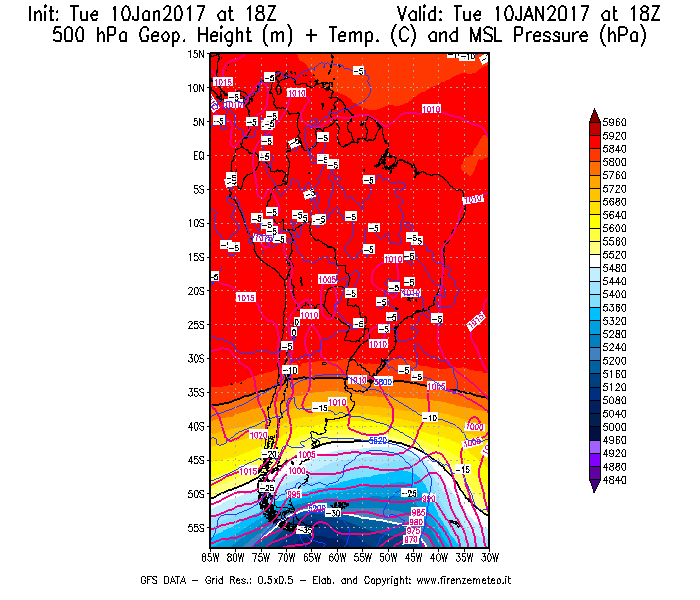 Mappa di analisi GFS - Geopotenziale [m] + Temp. [°C] a 500 hPa + Press. a livello del mare [hPa] in Sud-America
							del 10/01/2017 18 <!--googleoff: index-->UTC<!--googleon: index-->
