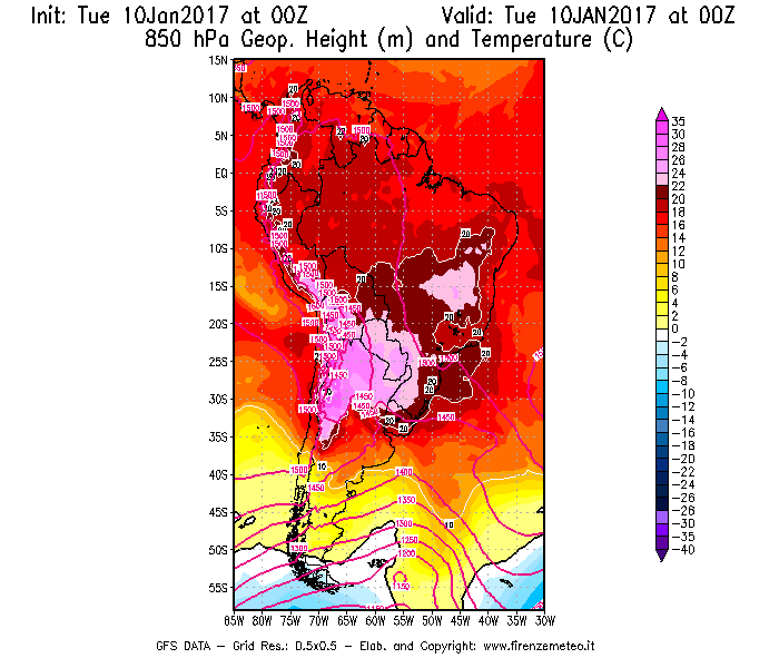 Mappa di analisi GFS - Geopotenziale [m] e Temperatura [°C] a 850 hPa in Sud-America
							del 10/01/2017 00 <!--googleoff: index-->UTC<!--googleon: index-->
