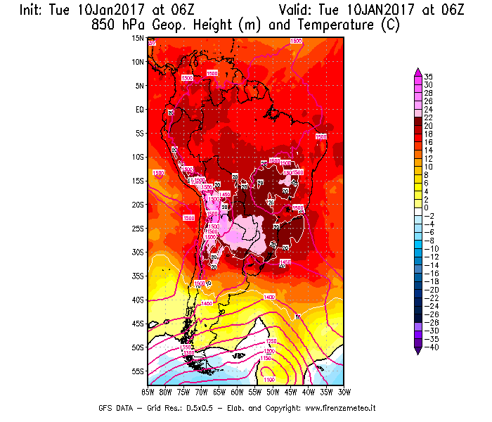 Mappa di analisi GFS - Geopotenziale [m] e Temperatura [°C] a 850 hPa in Sud-America
							del 10/01/2017 06 <!--googleoff: index-->UTC<!--googleon: index-->