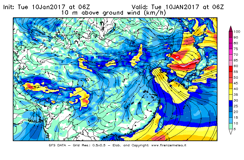 Mappa di analisi GFS - Velocità del vento a 10 metri dal suolo [km/h] in Asia Orientale
							del 10/01/2017 06 <!--googleoff: index-->UTC<!--googleon: index-->