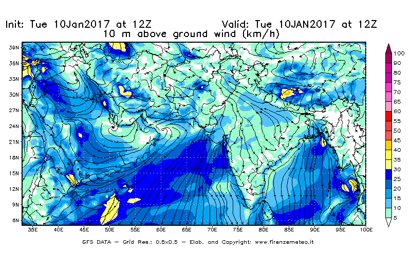 Mappa di analisi GFS - Velocità del vento a 10 metri dal suolo [km/h] in Asia Sud-Occidentale
							del 10/01/2017 12 <!--googleoff: index-->UTC<!--googleon: index-->