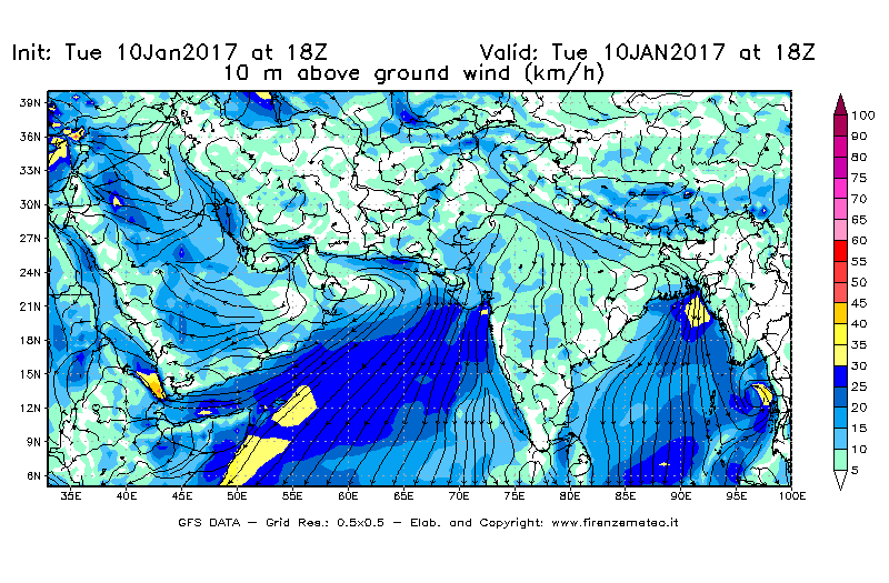 Mappa di analisi GFS - Velocità del vento a 10 metri dal suolo [km/h] in Asia Sud-Occidentale
									del 10/01/2017 18 <!--googleoff: index-->UTC<!--googleon: index-->