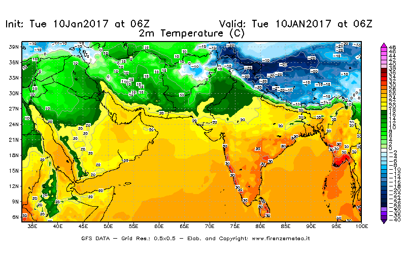 Mappa di analisi GFS - Temperatura a 2 metri dal suolo [°C] in Asia Sud-Occidentale
							del 10/01/2017 06 <!--googleoff: index-->UTC<!--googleon: index-->