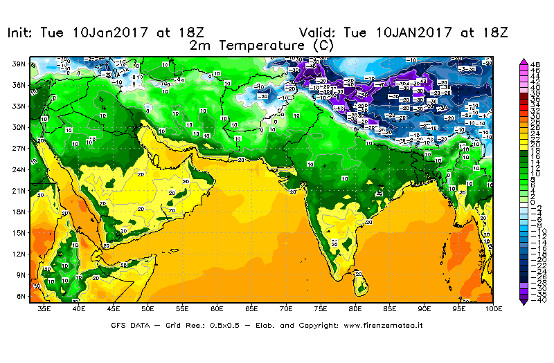 Mappa di analisi GFS - Temperatura a 2 metri dal suolo [°C] in Asia Sud-Occidentale
									del 10/01/2017 18 <!--googleoff: index-->UTC<!--googleon: index-->