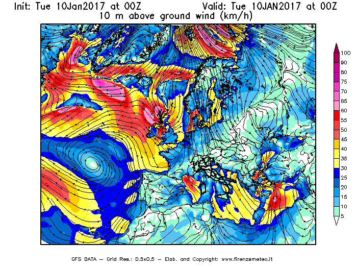 Mappa di analisi GFS - Velocità del vento a 10 metri dal suolo [km/h] in Europa
							del 10/01/2017 00 <!--googleoff: index-->UTC<!--googleon: index-->