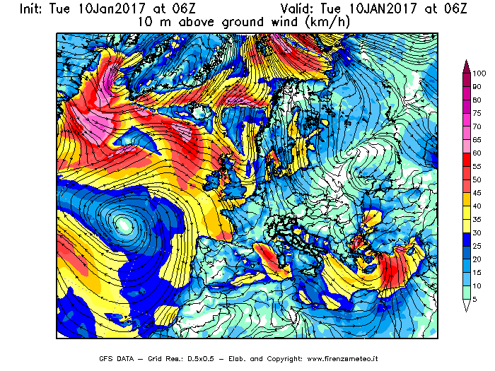 Mappa di analisi GFS - Velocità del vento a 10 metri dal suolo [km/h] in Europa
							del 10/01/2017 06 <!--googleoff: index-->UTC<!--googleon: index-->