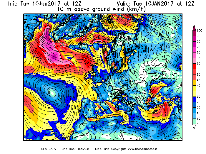 Mappa di analisi GFS - Velocità del vento a 10 metri dal suolo [km/h] in Europa
							del 10/01/2017 12 <!--googleoff: index-->UTC<!--googleon: index-->