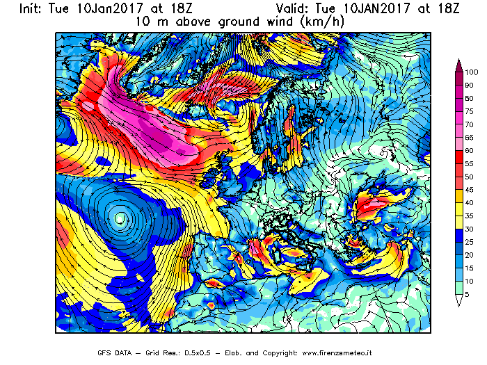 Mappa di analisi GFS - Velocità del vento a 10 metri dal suolo [km/h] in Europa
							del 10/01/2017 18 <!--googleoff: index-->UTC<!--googleon: index-->