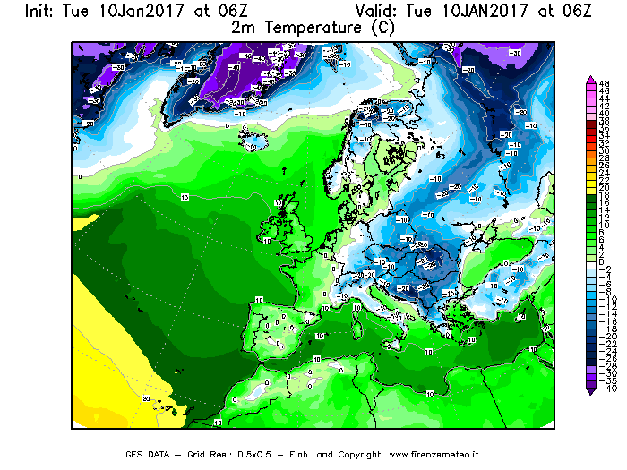Mappa di analisi GFS - Temperatura a 2 metri dal suolo [°C] in Europa
							del 10/01/2017 06 <!--googleoff: index-->UTC<!--googleon: index-->