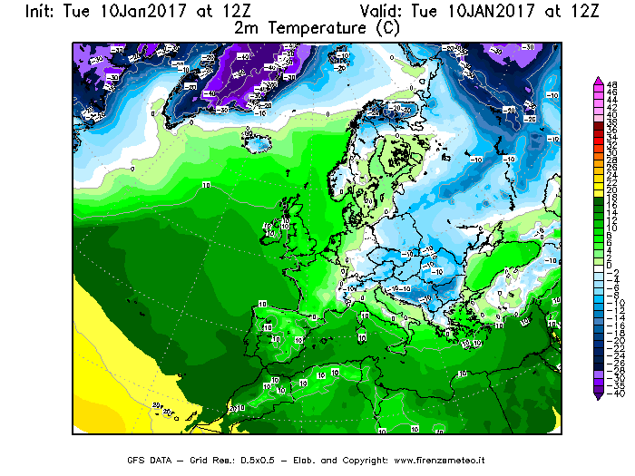Mappa di analisi GFS - Temperatura a 2 metri dal suolo [°C] in Europa
							del 10/01/2017 12 <!--googleoff: index-->UTC<!--googleon: index-->