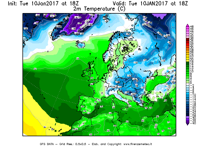 Mappa di analisi GFS - Temperatura a 2 metri dal suolo [°C] in Europa
							del 10/01/2017 18 <!--googleoff: index-->UTC<!--googleon: index-->