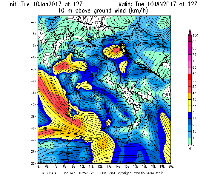 Mappa di analisi GFS - Velocità del vento a 10 metri dal suolo [km/h] in Italia
									del 10/01/2017 12 <!--googleoff: index-->UTC<!--googleon: index-->