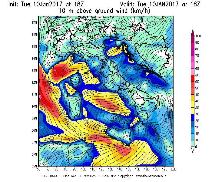 Mappa di analisi GFS - Velocità del vento a 10 metri dal suolo [km/h] in Italia
									del 10/01/2017 18 <!--googleoff: index-->UTC<!--googleon: index-->