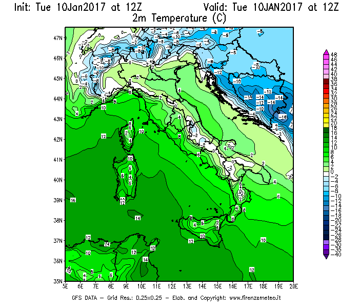 Mappa di analisi GFS - Temperatura a 2 metri dal suolo [°C] in Italia
							del 10/01/2017 12 <!--googleoff: index-->UTC<!--googleon: index-->