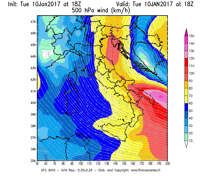 Mappa di analisi GFS - Velocità del vento a 500 hPa [km/h] in Italia
							del 10/01/2017 18 <!--googleoff: index-->UTC<!--googleon: index-->