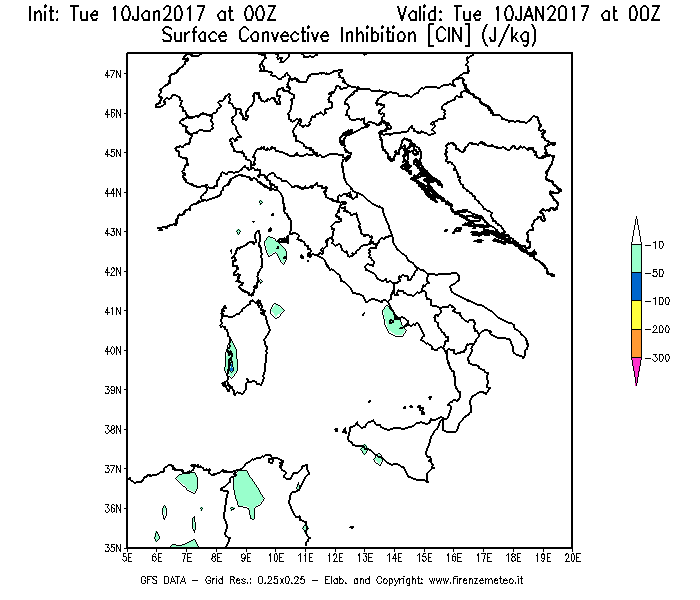 Mappa di analisi GFS - CIN [J/kg] in Italia
									del 10/01/2017 00 <!--googleoff: index-->UTC<!--googleon: index-->