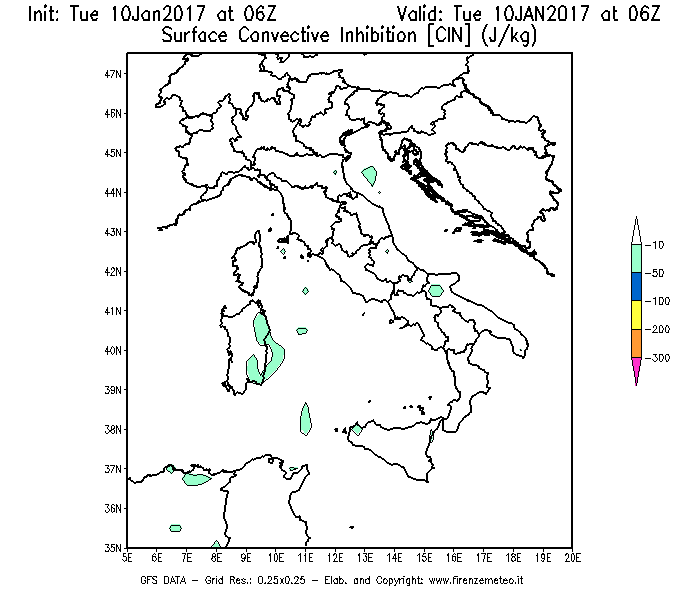 Mappa di analisi GFS - CIN [J/kg] in Italia
							del 10/01/2017 06 <!--googleoff: index-->UTC<!--googleon: index-->