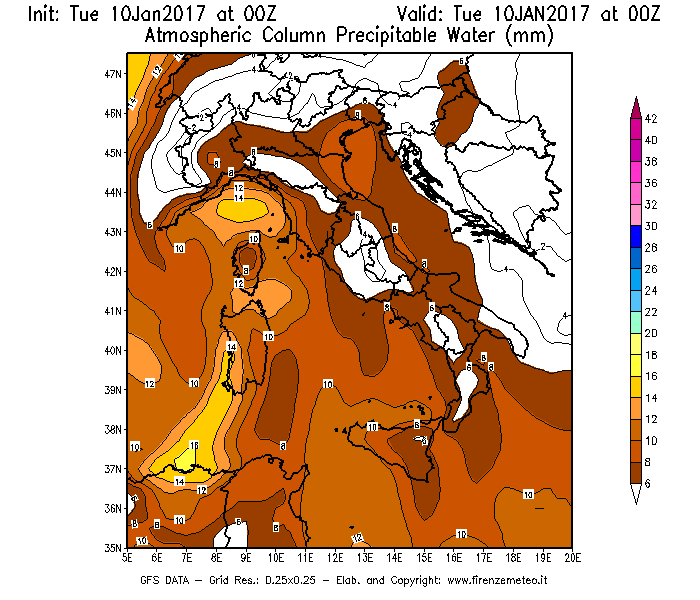 Mappa di analisi GFS - Precipitable Water [mm] in Italia
							del 10/01/2017 00 <!--googleoff: index-->UTC<!--googleon: index-->