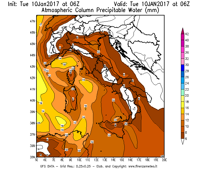Mappa di analisi GFS - Precipitable Water [mm] in Italia
							del 10/01/2017 06 <!--googleoff: index-->UTC<!--googleon: index-->