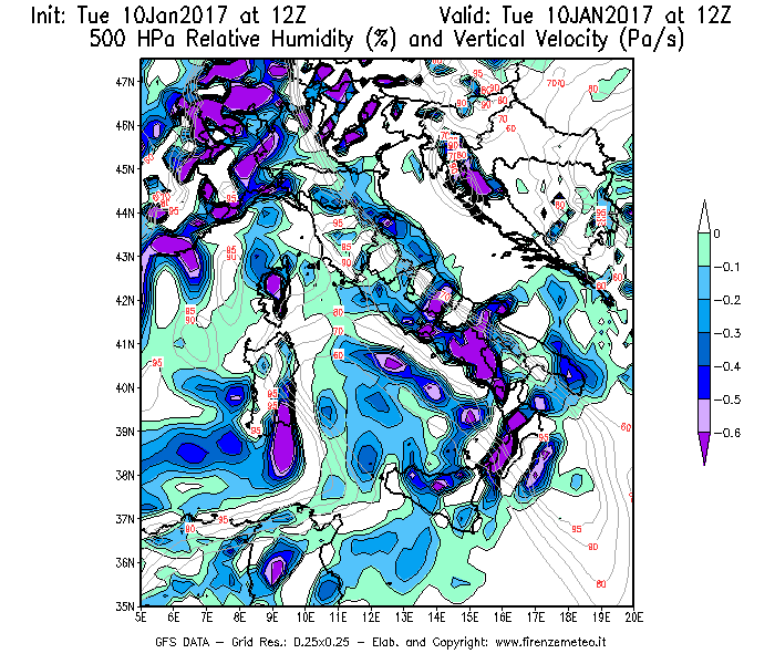 Mappa di analisi GFS - Umidità relativa [%] e Omega [Pa/s] a 500 hPa in Italia
							del 10/01/2017 12 <!--googleoff: index-->UTC<!--googleon: index-->
