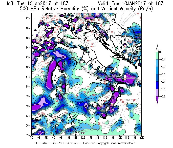 Mappa di analisi GFS - Umidità relativa [%] e Omega [Pa/s] a 500 hPa in Italia
							del 10/01/2017 18 <!--googleoff: index-->UTC<!--googleon: index-->