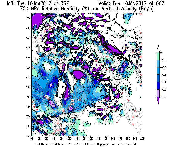 Mappa di analisi GFS - Umidità relativa [%] e Omega [Pa/s] a 700 hPa in Italia
							del 10/01/2017 06 <!--googleoff: index-->UTC<!--googleon: index-->