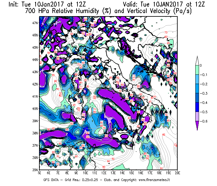Mappa di analisi GFS - Umidità relativa [%] e Omega [Pa/s] a 700 hPa in Italia
									del 10/01/2017 12 <!--googleoff: index-->UTC<!--googleon: index-->