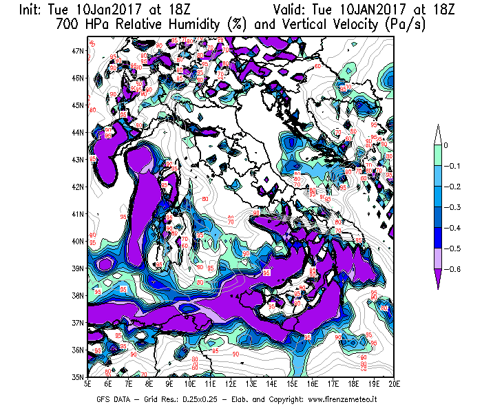Mappa di analisi GFS - Umidità relativa [%] e Omega [Pa/s] a 700 hPa in Italia
									del 10/01/2017 18 <!--googleoff: index-->UTC<!--googleon: index-->