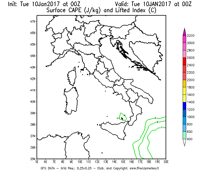 Mappa di analisi GFS - CAPE [J/kg] e Lifted Index [°C] in Italia
							del 10/01/2017 00 <!--googleoff: index-->UTC<!--googleon: index-->
