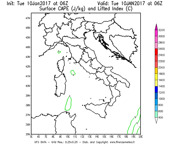 Mappa di analisi GFS - CAPE [J/kg] e Lifted Index [°C] in Italia
									del 10/01/2017 06 <!--googleoff: index-->UTC<!--googleon: index-->