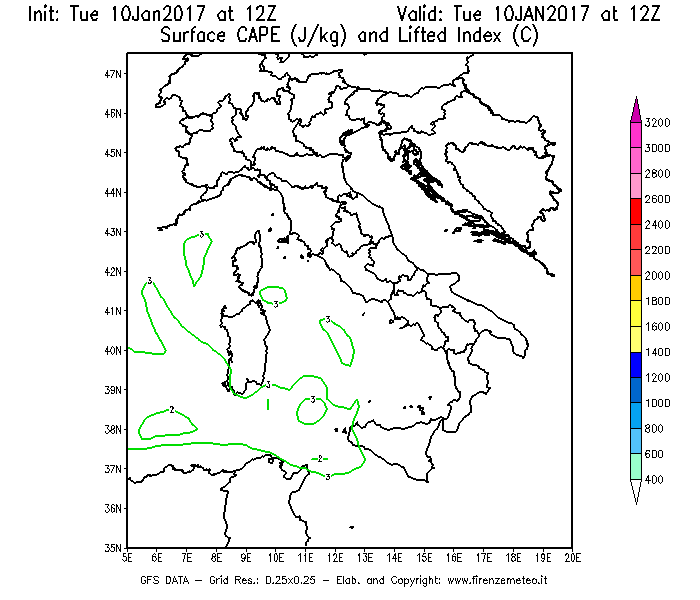 Mappa di analisi GFS - CAPE [J/kg] e Lifted Index [°C] in Italia
							del 10/01/2017 12 <!--googleoff: index-->UTC<!--googleon: index-->