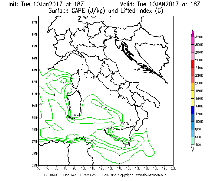 Mappa di analisi GFS - CAPE [J/kg] e Lifted Index [°C] in Italia
							del 10/01/2017 18 <!--googleoff: index-->UTC<!--googleon: index-->