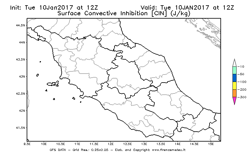 Mappa di analisi GFS - CIN [J/kg] in Centro-Italia
							del 10/01/2017 12 <!--googleoff: index-->UTC<!--googleon: index-->