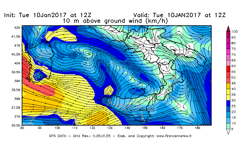Mappa di analisi GFS - Velocità del vento a 10 metri dal suolo [km/h] in Sud-Italia
							del 10/01/2017 12 <!--googleoff: index-->UTC<!--googleon: index-->