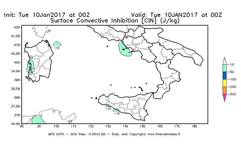 Mappa di analisi GFS - CIN [J/kg] in Sud-Italia
							del 10/01/2017 00 <!--googleoff: index-->UTC<!--googleon: index-->