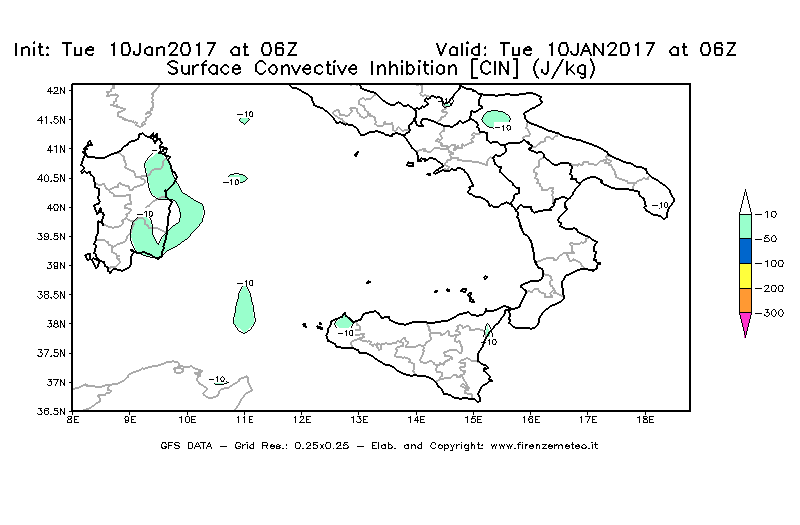 Mappa di analisi GFS - CIN [J/kg] in Sud-Italia
									del 10/01/2017 06 <!--googleoff: index-->UTC<!--googleon: index-->