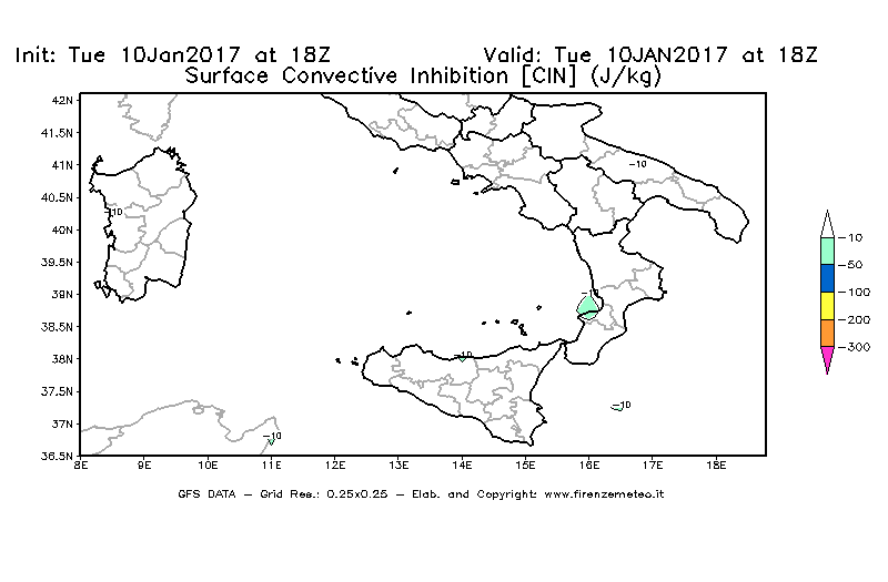 Mappa di analisi GFS - CIN [J/kg] in Sud-Italia
							del 10/01/2017 18 <!--googleoff: index-->UTC<!--googleon: index-->