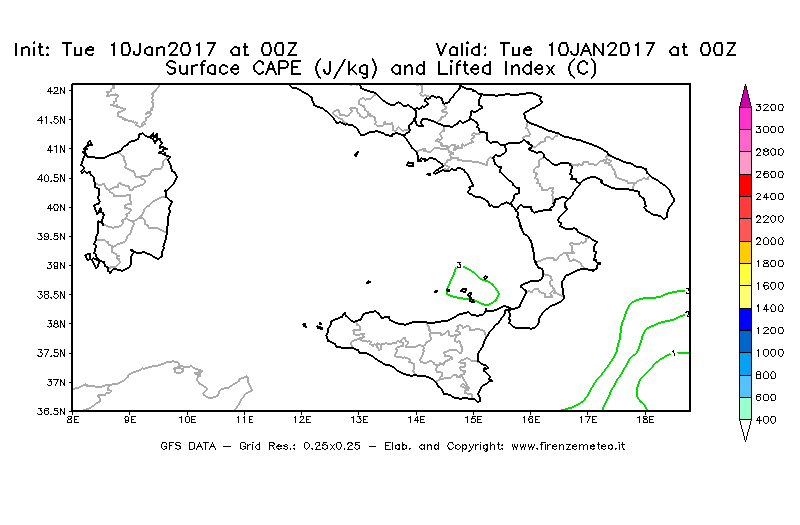 Mappa di analisi GFS - CAPE [J/kg] e Lifted Index [°C] in Sud-Italia
							del 10/01/2017 00 <!--googleoff: index-->UTC<!--googleon: index-->