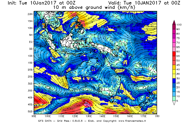 Mappa di analisi GFS - Velocità del vento a 10 metri dal suolo [km/h] in Oceania
									del 10/01/2017 00 <!--googleoff: index-->UTC<!--googleon: index-->