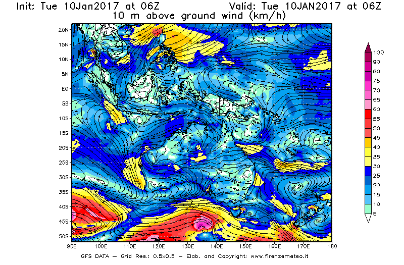 Mappa di analisi GFS - Velocità del vento a 10 metri dal suolo [km/h] in Oceania
							del 10/01/2017 06 <!--googleoff: index-->UTC<!--googleon: index-->