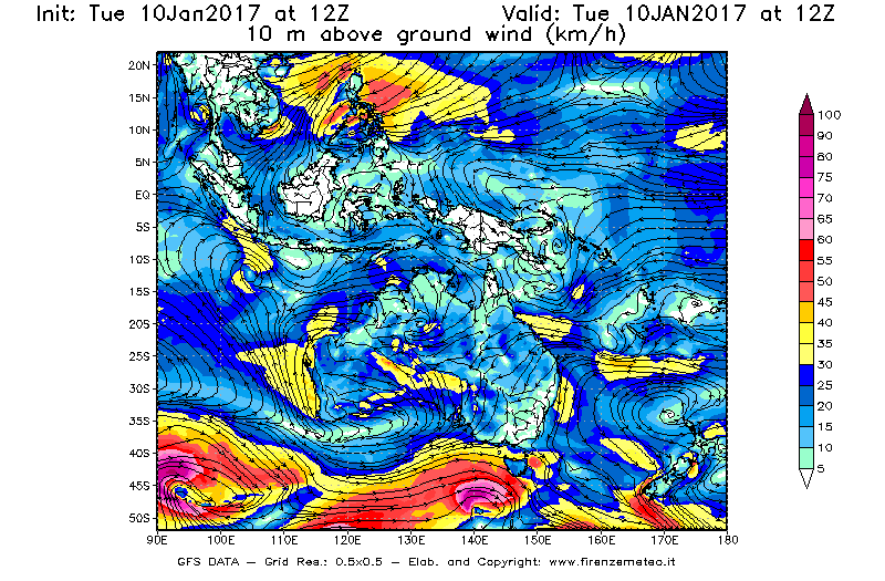 Mappa di analisi GFS - Velocità del vento a 10 metri dal suolo [km/h] in Oceania
									del 10/01/2017 12 <!--googleoff: index-->UTC<!--googleon: index-->