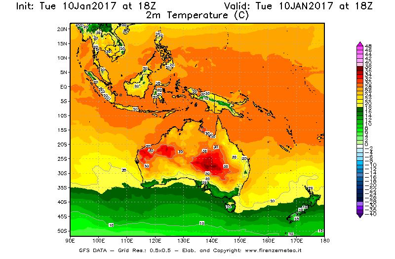 Mappa di analisi GFS - Temperatura a 2 metri dal suolo [°C] in Oceania
									del 10/01/2017 18 <!--googleoff: index-->UTC<!--googleon: index-->