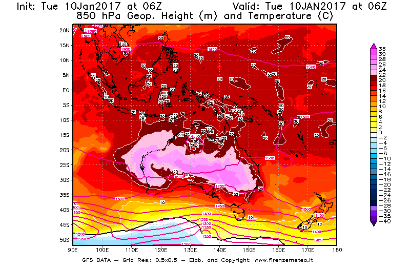 Mappa di analisi GFS - Geopotenziale [m] e Temperatura [°C] a 850 hPa in Oceania
									del 10/01/2017 06 <!--googleoff: index-->UTC<!--googleon: index-->