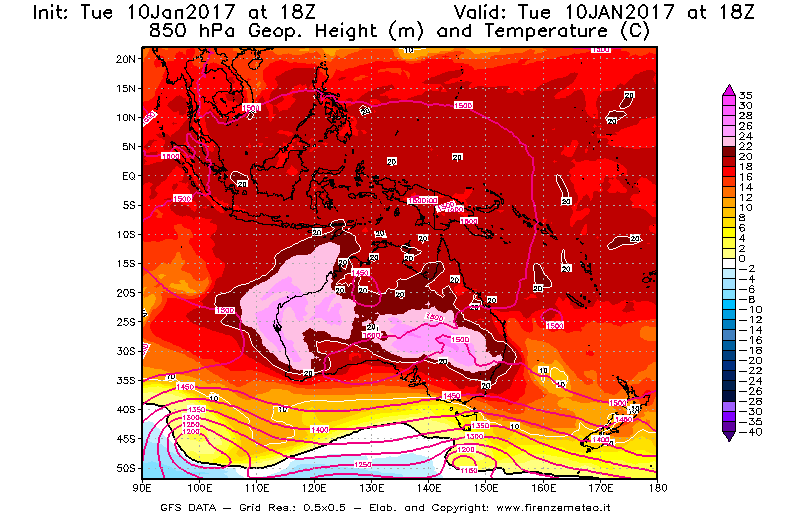 Mappa di analisi GFS - Geopotenziale [m] e Temperatura [°C] a 850 hPa in Oceania
									del 10/01/2017 18 <!--googleoff: index-->UTC<!--googleon: index-->