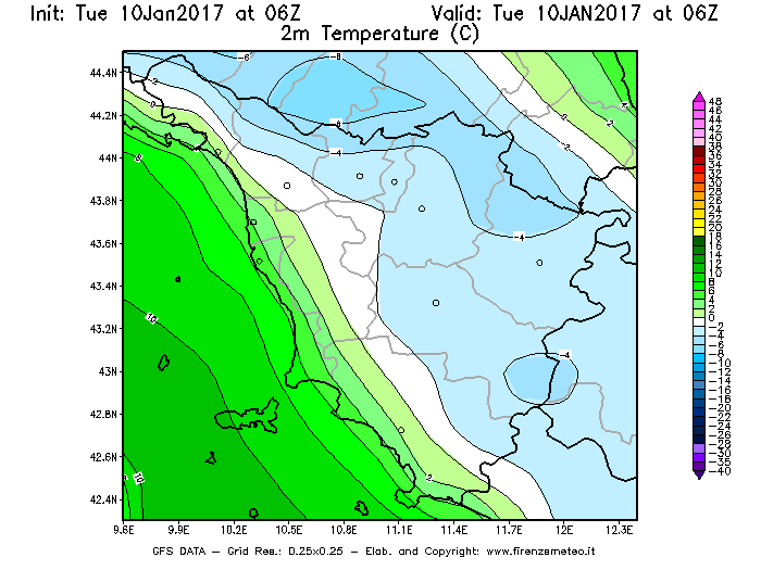 Mappa di analisi GFS - Temperatura a 2 metri dal suolo [°C] in Toscana
							del 10/01/2017 06 <!--googleoff: index-->UTC<!--googleon: index-->
