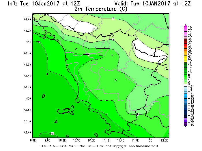 Mappa di analisi GFS - Temperatura a 2 metri dal suolo [°C] in Toscana
							del 10/01/2017 12 <!--googleoff: index-->UTC<!--googleon: index-->
