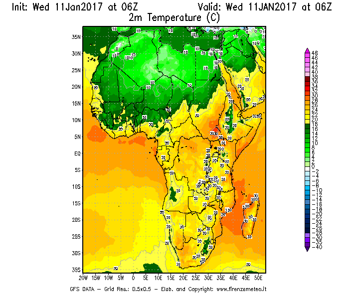 Mappa di analisi GFS - Temperatura a 2 metri dal suolo [°C] in Africa
									del 11/01/2017 06 <!--googleoff: index-->UTC<!--googleon: index-->