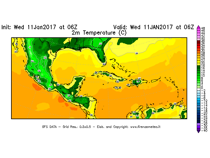 Mappa di analisi GFS - Temperatura a 2 metri dal suolo [°C] in Centro-America
							del 11/01/2017 06 <!--googleoff: index-->UTC<!--googleon: index-->