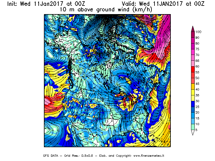 Mappa di analisi GFS - Velocità del vento a 10 metri dal suolo [km/h] in Nord-America
									del 11/01/2017 00 <!--googleoff: index-->UTC<!--googleon: index-->