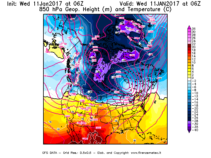 Mappa di analisi GFS - Geopotenziale [m] e Temperatura [°C] a 850 hPa in Nord-America
									del 11/01/2017 06 <!--googleoff: index-->UTC<!--googleon: index-->